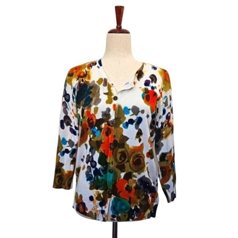 Willi Smith‎ Women's Medium Floral Print Cardigan 3/4 Sleeve V Neck Button Front